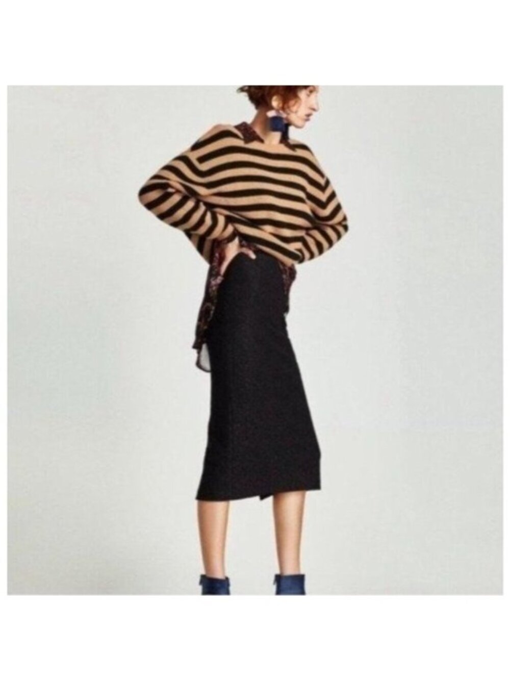 Zara Black High Waist Lace Midi Skirt With Back Slit